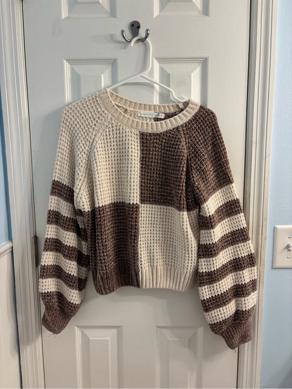 Altar'd State Cream and Brown Colorblock Waffle Crewneck Sweater